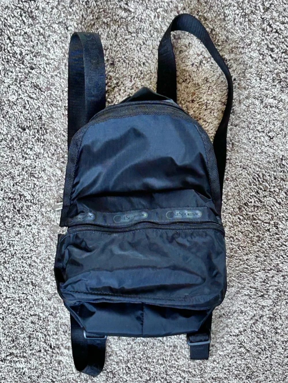 Lesportsac Route Black Nylon Mini Backpack with Front Zip Pocket 9” x 6” 10”
